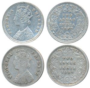 Victoria Empress, Silver 2 Annas, 1887, Calcutta Mint, B / II / C incuse; Bombay Mint, B /