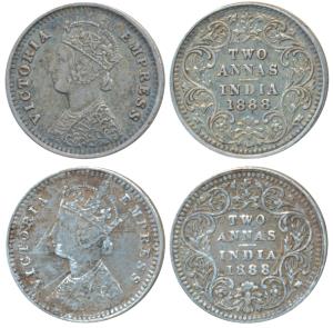 Victoria Empress, Silver 2 Annas, 1888, Calcutta Mint, B / II / No mint mark; Bombay Mint,