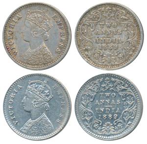 Victoria Empress, Silver 2 Annas, 1889, Calcutta Mint, B / II / C incuse; Bombay Mint, B /