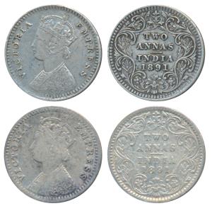 Victoria Empress, Silver 2 Annas, 1891 (2), Calcutta Mint, B / II / C incuse; Bombay Mint,