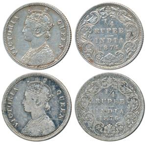 Victoria Queen, Silver ¼ Rupee, 1874, Calcutta Mint, A / I / No mint mark; 1876, Bombay Mi