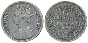 Victoria Queen, Silver ¼ Rupee, 1876, Calcutta Mint, A / I / No mint mark (Prid 381). Very