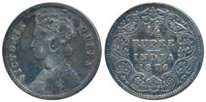 Victoria Queen, Silver ¼ Rupee, 1876, Calcutta Mint, A / I / No mint mark (Prid 381). Very