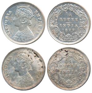 Victoria Empress, Silver ¼ Rupee, 1877 (2), Calcutta Mint, B / I / No mint mark; (Prid 382
