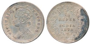 Victoria Empress, Silver ¼ Rupee, 1878, Calcutta Mint, C / II / No mint mark, (Prid 383). 