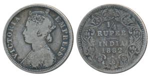 Victoria Empress, Silver ¼ Rupee, 1882, Bombay Mint, A / II / dot, (Prid 412). Fine, Rare.