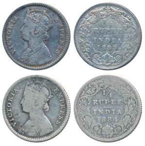 Victoria Empress, Silver ¼ Rupee, 1883, Bombay Mint, B / I / dot, 1884, B / I / B raised, 