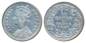 Victoria Empress, Silver ¼ Rupee, 1884, Calcutta Mint, C / II / C incuse (Prid 389). Very 