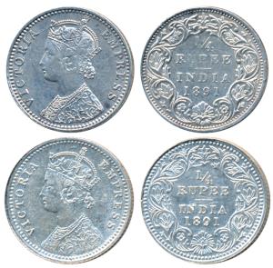 Victoria Empress, Silver ¼ Rupee, 1891, Calcutta Mint, C / II / C incuse; Bombay Mint, C /