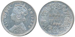 Victoria Empress, Silver ¼ Rupee, 1894, Calcutta Mint, C / II / C incuse; (Prid 399). Abou