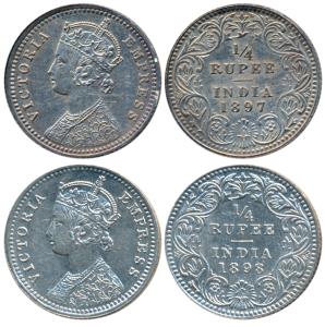 Victoria Empress, Silver ¼ Rupee, 1897 & 1898, both Calcutta Mint, C / II / C incuse (Prid