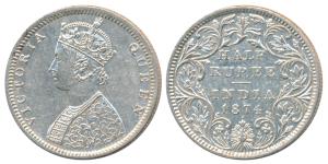 Victoria Queen, Silver ½ Rupee, 1874, Bombay Mint, B2 / II / dot, (Prid 285). Very Fine+,,