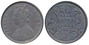 Victoria Queen, Silver ½ Rupee, 1875, Calcutta Mint, A / I / No mint mark, (Prid 260). Sup