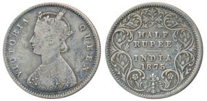 Victoria Queen, Silver ½ Rupee, 1875, Calcutta Mint, A / I / No mint mark, (Prid 260). Fin