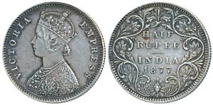 Victoria Empress, Silver ½ Rupee, 1877, Bombay Mint, A / II / dot, (Pridmore hasn’t listed