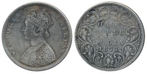 Victoria Empress, Silver ½ Rupee, 1877, Bombay Mint, B2 / II / dot, (Prid 288). Very Fine,