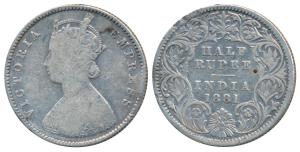 Victoria Empress, Silver ½ Rupee, 1881, Calcutta Mint, A / I / C incuse, (Prid 265). Fine+