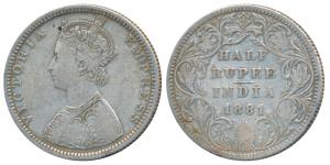 Victoria Empress, Silver ½ Rupee, 1881, Bombay Mint, B2 / II / dot, (Prid 289). Very Fine,