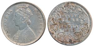 Victoria Empress, Silver ½ Rupee, 1882, Calcutta Mint, A / I / C incuse, (Prid 266). Very 