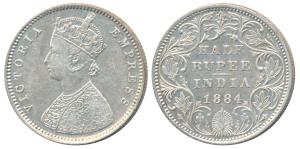 Victoria Empress, Silver ½ Rupee, 1884, Bombay Mint, A / II / dot, (Prid 292). Very Fine+.