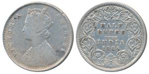 Victoria Empress, Silver ½ Rupee, 1884, Calcutta Mint, A / I / C incuse, (Prid 268). About