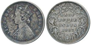 Victoria Empress, Silver ½ Rupee, 1887, Bombay Mint, A / II / B raised (Prid 296). About V