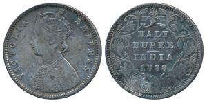 Victoria Empress, Silver ½ Rupee, 1888, Bombay Mint, A / II / No mint mark, (Prid 297). Ve