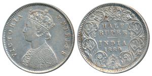 Victoria Empress, Silver ½ Rupee, 1889, Calcutta Mint, A / I / C incuse, (Prid 273). Very 