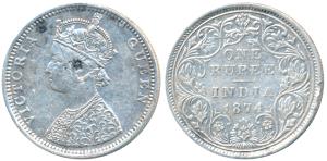 Victoria Queen, Silver Rupee, 1874, Bombay Mint, C1 / II / No mint mark, (Prid 141). Very 