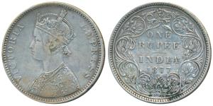 Victoria Empress, Silver Rupee, 1877, Bombay Mint, A3 / II / No mint mark, (Prid 148). Ver