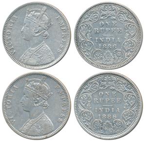 Victoria Empress, Silver Rupee, 1886, Calcutta Mint, C4 / I / C incuse, Bombay Mint, A3 / 