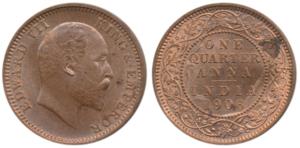 Edward VII, Copper ¼ Anna, 1906, with a clear and prominent ghost image on rev. Uncirculat