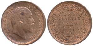 Edward VII, Copper ¼ Anna, 1906, a light ghost image on rev. About Uncirculated.