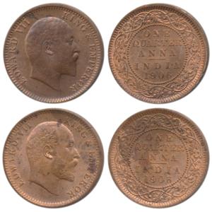 Edward VII, Copper ¼ Anna, 1906. Extremely Fine to About Uncirculated. (2)