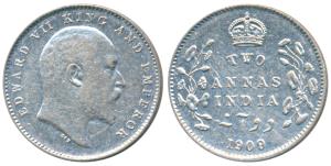 Edward VII, Silver 2 Annas, 1909, Calcutta Mint, (Prid 562). Very Fine+, Scarce.