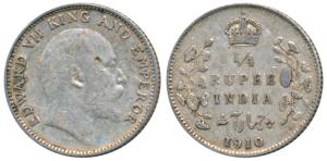 Edward VII, Silver ¼ Rupee, 1910, Bombay Mint, dot on the vine, Unlisted in Pridmore. Abou