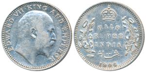 Edward VII, Silver ½ Rupee, 1906, Calcutta Mint, No mint mark, (Prid 310). Very Fine.