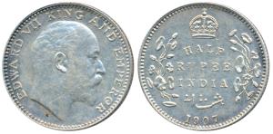 Edward VII, Silver ½ Rupee, 1907, Bombay Mint, B incuse and dot, (Prid 316). Very Fine+.