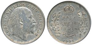 Edward VII, Silver ½ Rupee, 1907, Calcutta Mint, No mint mark, (Prid 311). Very Fine+.