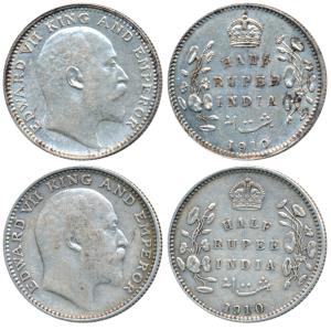 Edward VII, Silver ½ Rupee, 1910, Calcutta Mint, No mint mark, Bombay Mint, B incuse and d