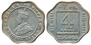 George V, Cupro-Nickle 4 Annas, 1919, Calcutta Mint, (Prid 874). About Extremely Fine