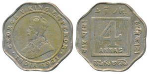 George V, Cupro-Nickle 4 Annas, 1921, Calcutta Mint, Unlisted in Pridmore. Fine, Rare.