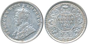 George V, Silver 2 Annas, 1911, Calcutta Mint, (Prid 564). About Extremely Fine, Rare.