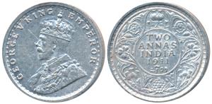 George V, Silver 2 Annas, 1911, Calcutta Mint, (Prid 564). About Uncirculated, Rare.