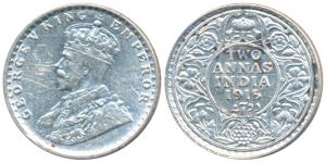George V, Silver 2 Annas, 1915, Calcutta Mint, (Prid 568). About Uncirculated.