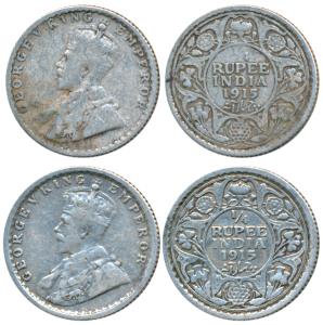 George V, Silver ¼ Rupee, 1915, Calcutta Mint, (Prid 444); Bombay Mint (Prid 457). Fine+ a