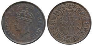 George VI, Bronze ¼ Anna, 1941, Bombay Mint, 2nd head, dot over N of ’ONE’, (Prid 693). Ab