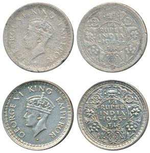 George VI, Half Silver ¼ Rupee, 1945, Bombay Mint, Rev III / dot, Large and Open 5; Lahore