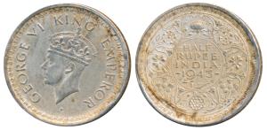 George VI, Half Silver ½ Rupee, 1943, Bombay Mint, reverse II / diamond, Unlisted in Pridm