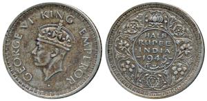 George VI, Half Silver ½ Rupee, 1945, Lahore Mint, D / Ia L, Large and Open 5 in Date, Unl